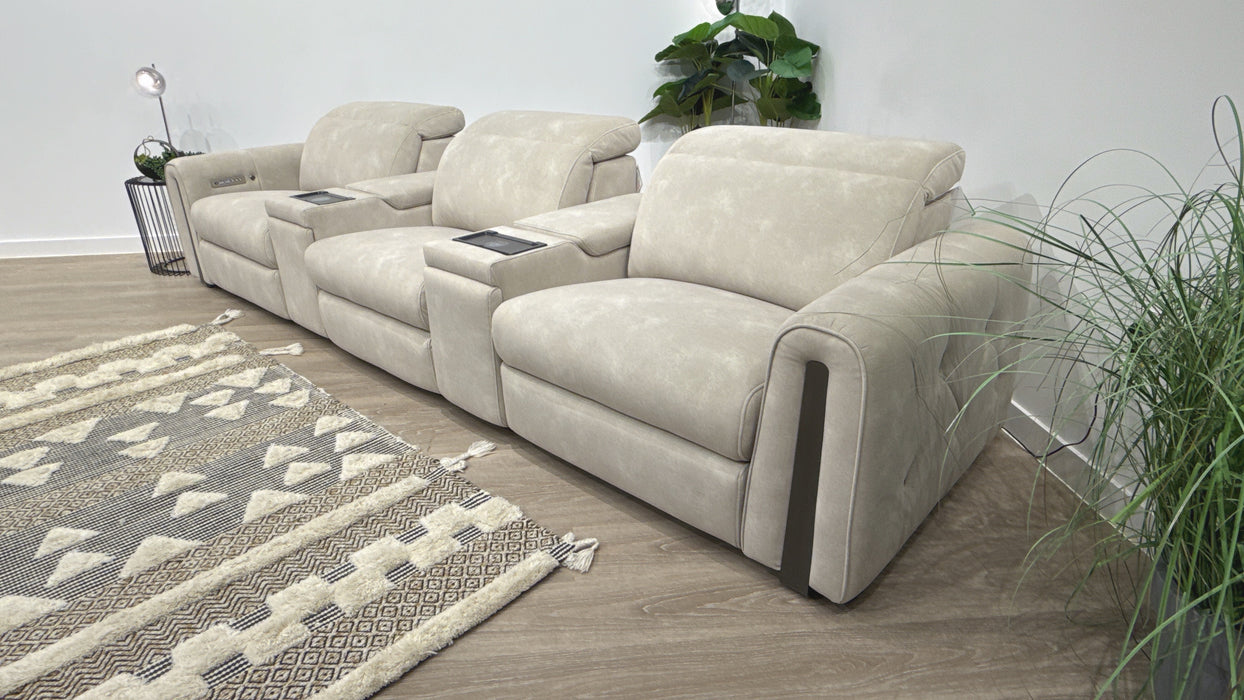 Sofology Kingsbridge 3 Seater Triple Power Recliner Cinema Sofa in Flecked Fabric Ivory