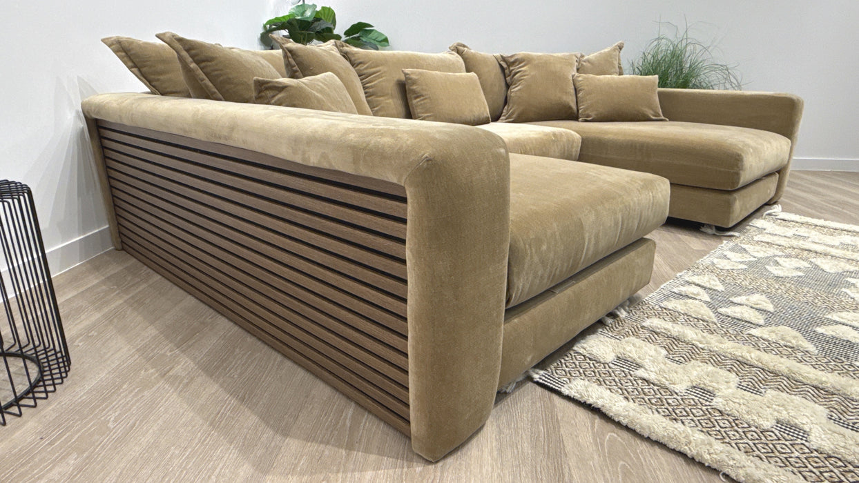 Sofology Cove Fabric Grande Double Chaise Dark Wood Panel in Soft Chenille Caramel