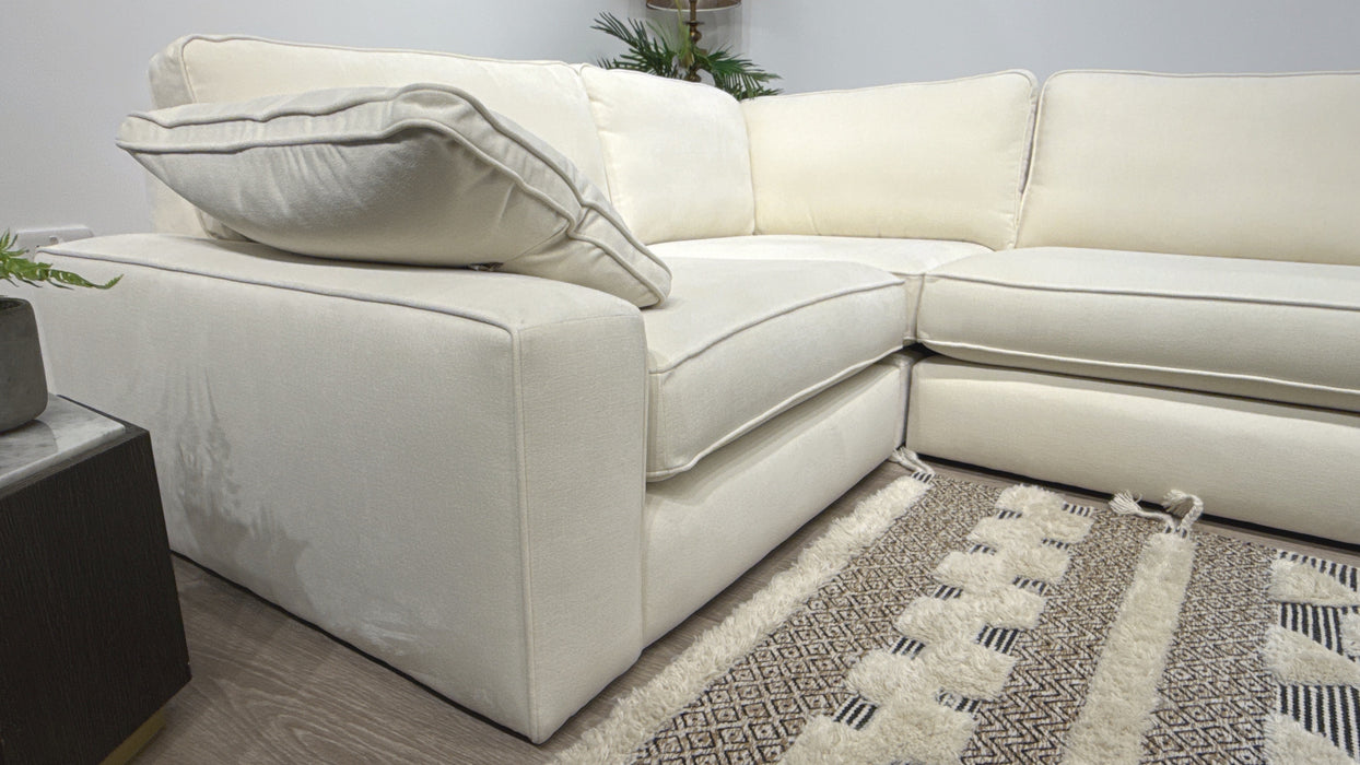 Sofology Atelier Fabric 1 Corner 3 Full Back in Soft Chenille Ivory Mix With Black Contrast Piping