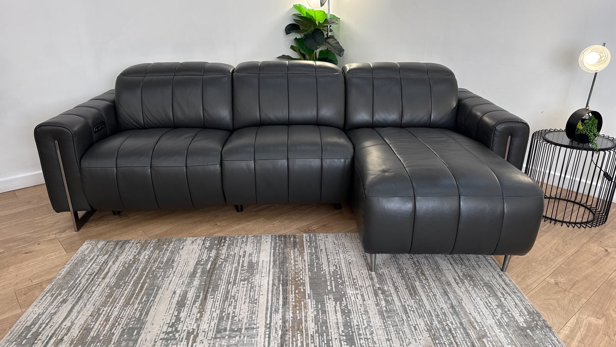 Sofology The Paramount Leather 4 Seater Chaise Power Recliner/Headrest Speakers in Trusty Embossed Charcoal