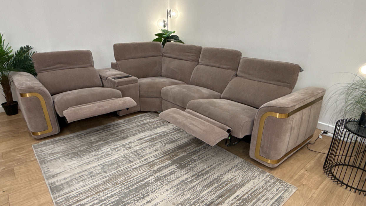 Sofology Plaza Fabric 1.5 Smart Console Corner 3 Power Recliner/Headrest Heated Seats in Relaxed Chenille Nutmeg