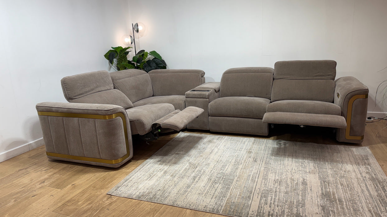 Sofology Plaza Fabric 1.5 Smart Console Corner 3 Power Recliner/Headrest Heated Seats in Relaxed Chenille Nutmeg