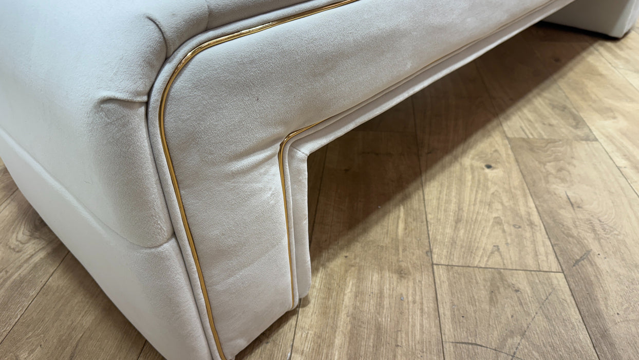 Sofology Oscar Fabric Large Bench Footstool Gold Trim in Super Matt Velvet Ecru