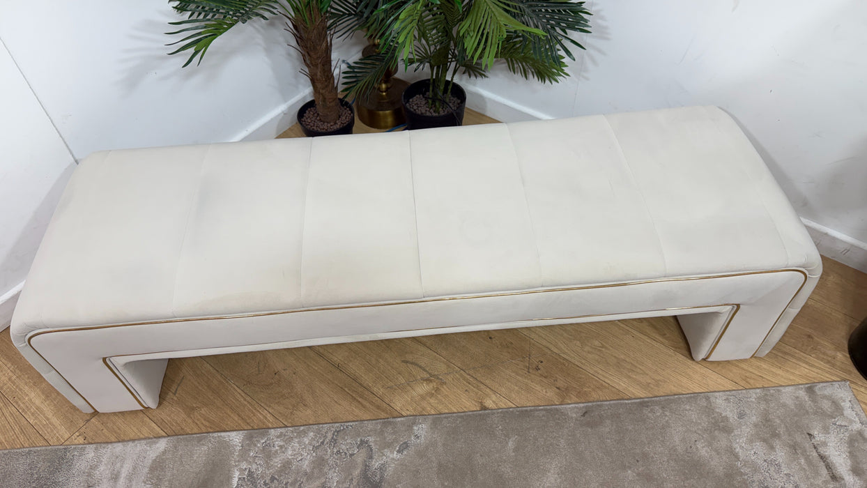 Sofology Oscar Fabric Large Bench Footstool Gold Trim in Super Matt Velvet Ecru