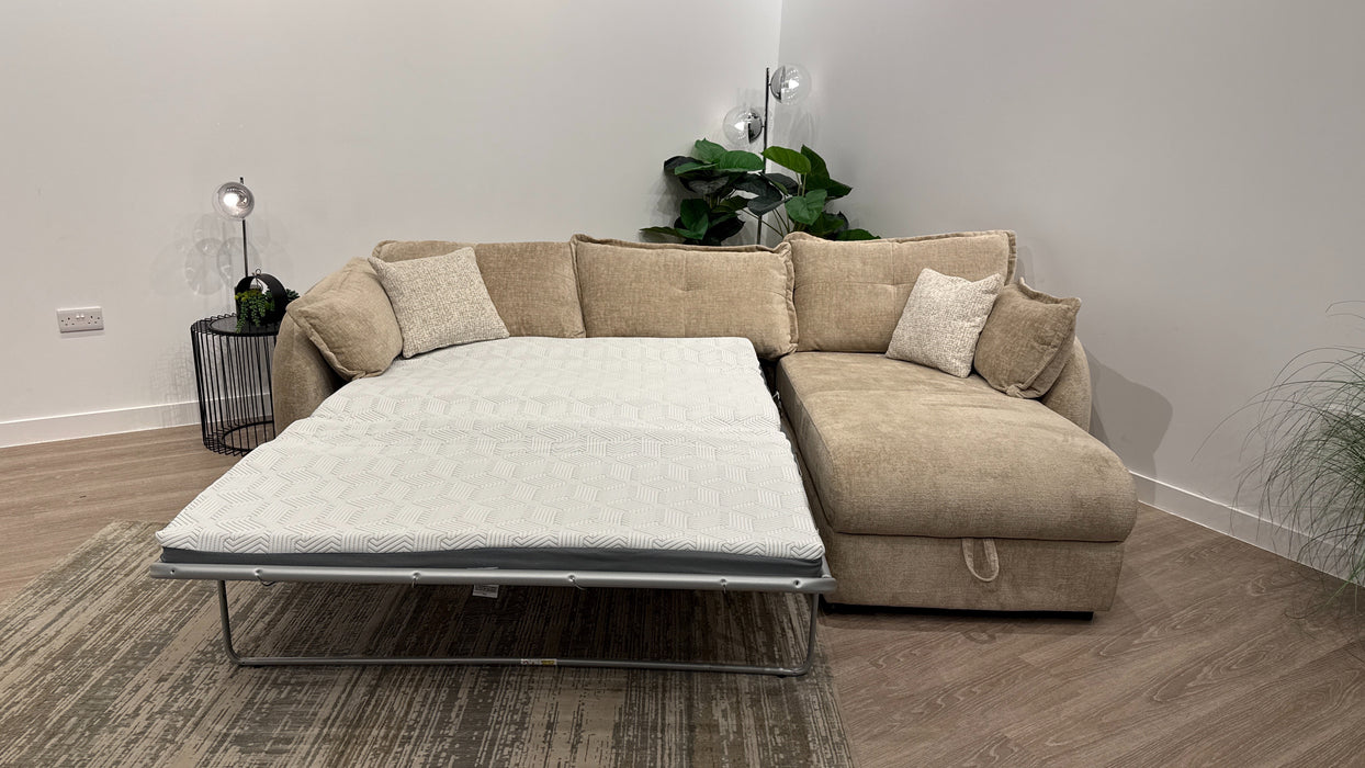 Sofology Portobello Fabric 3 Seater Chaise Sofabed Foam Seats Storage Hybrid Pocket Mattress in Teddy Chenille Natural Mix