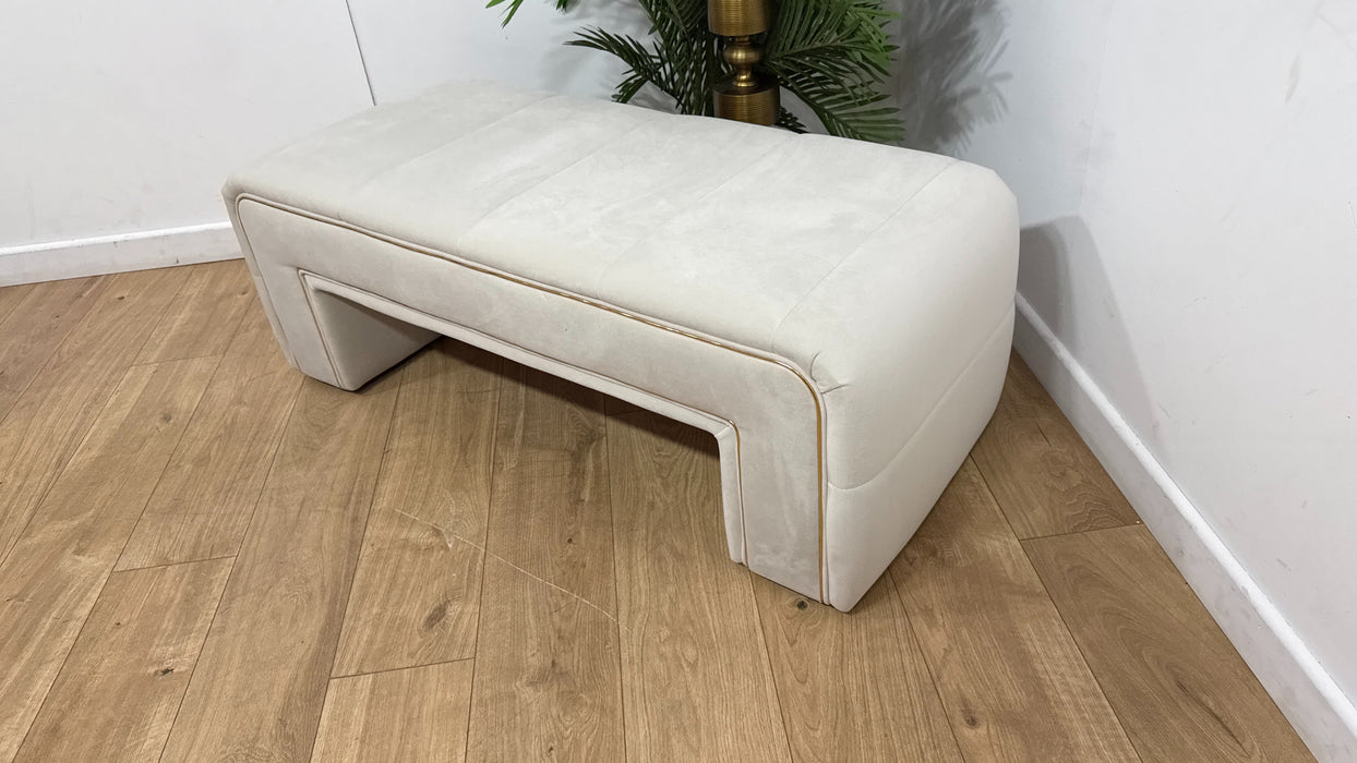 Sofology Oscar Fabric Small Bench Footstool Gold Trim in Super Matt Velvet Ecru