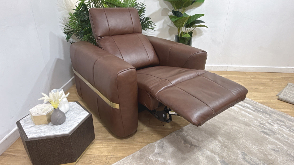 Sofology Lumiere Leather Chair Power Recliner/Headrest in Trusty Embossed Chestnut