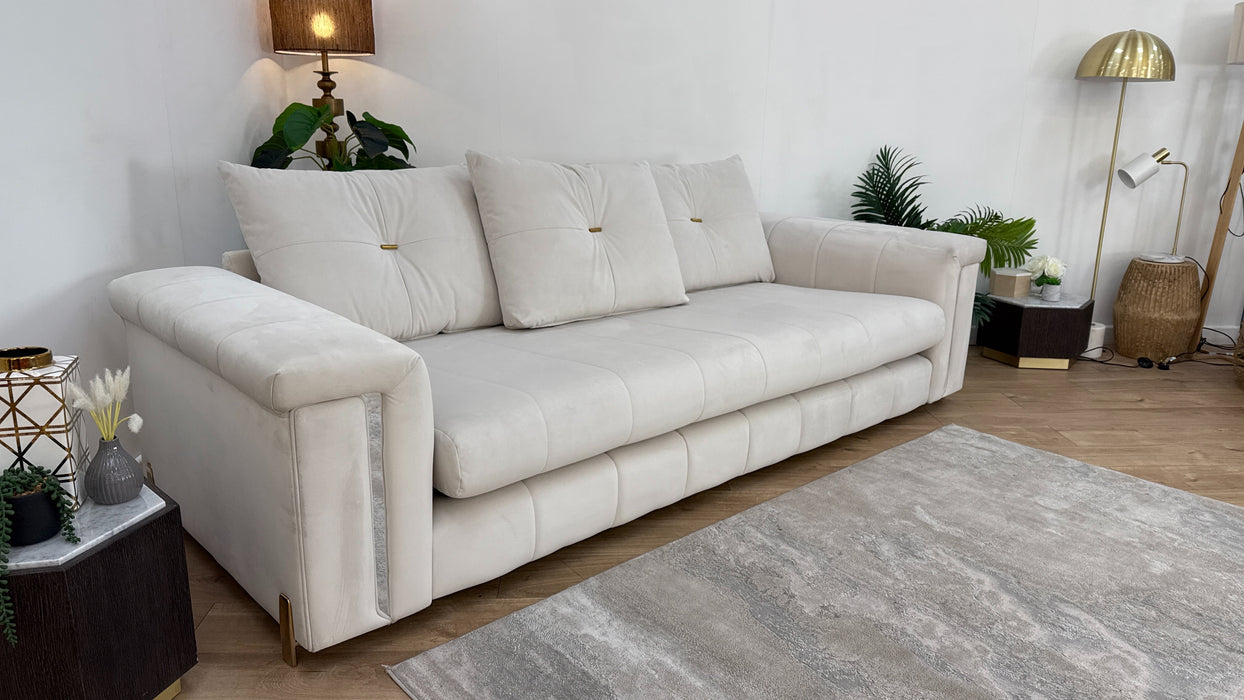 Sofology The Oscar Fabric 4 Seater with Gold Trim in Super Matt Velvet Ecru