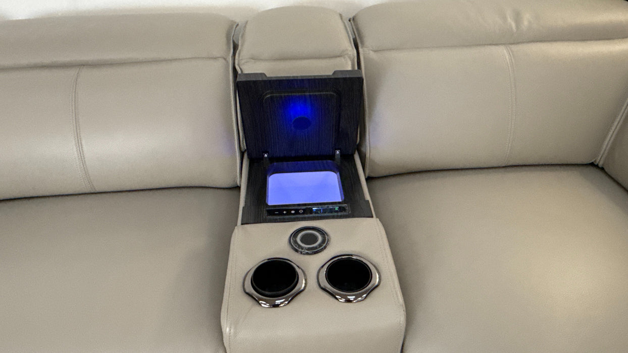 Sofology Premiere Leather 3 Corner Smart Console 3 Power Recliner/Headrest in Trusty Embossed Light Grey