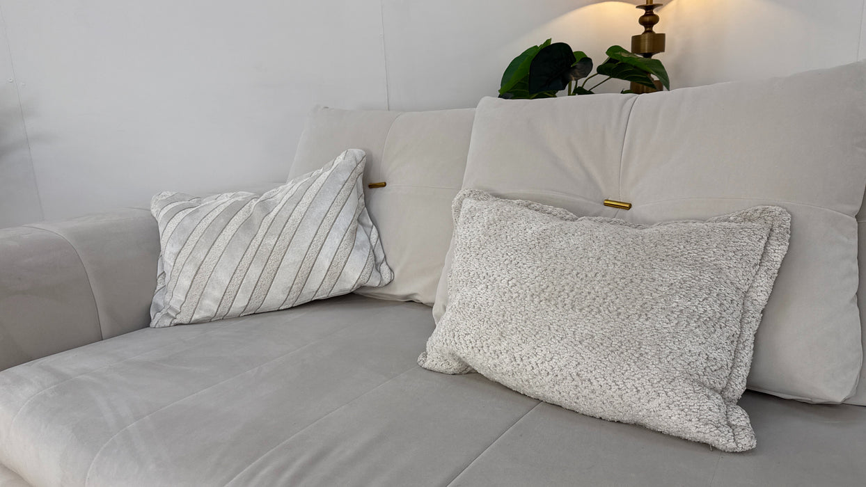 Sofology The Oscar Fabric 4 Seater Split Gold Trim in Super Matt Velvet Ecru Mix