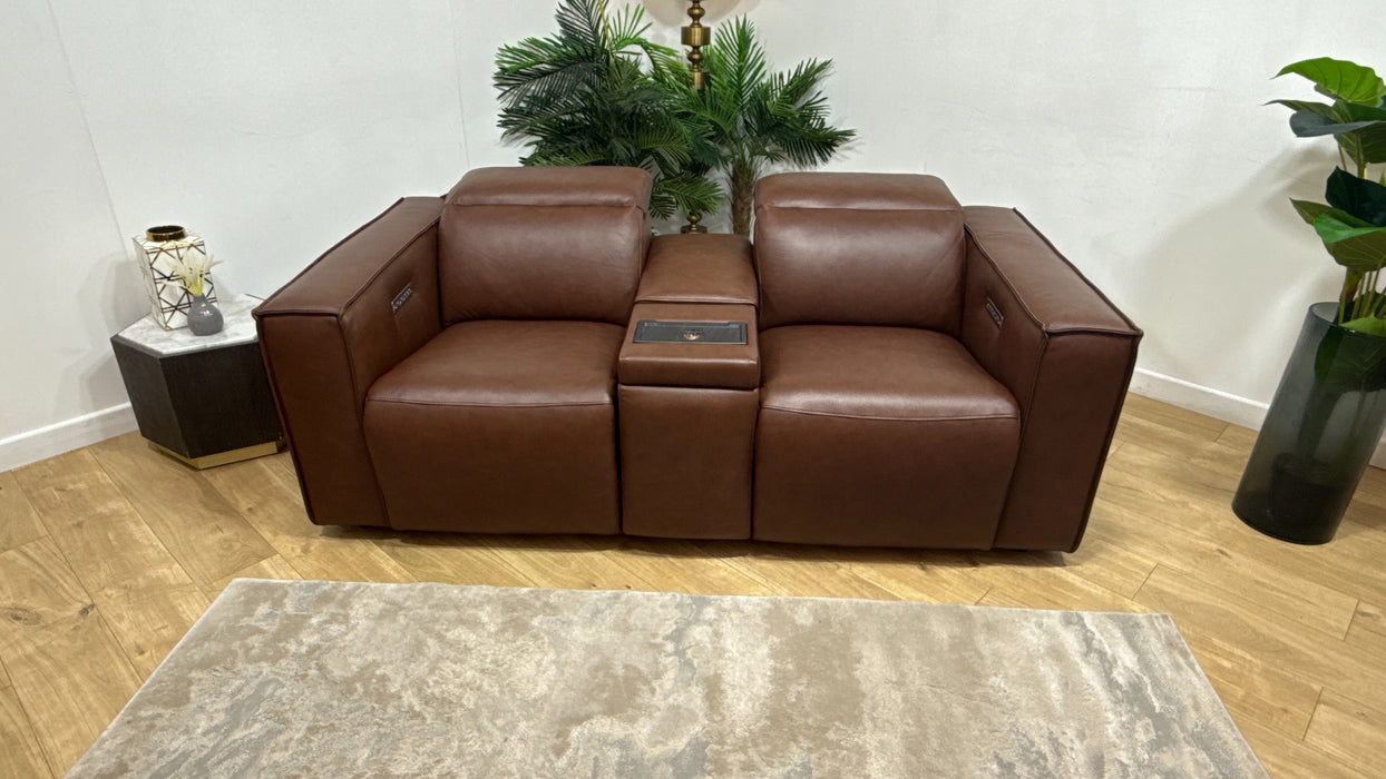 Sofology Horizon Leather 2 Seater Smart Console Power Recliner/Headrest in Trusty Embossed Chestnut