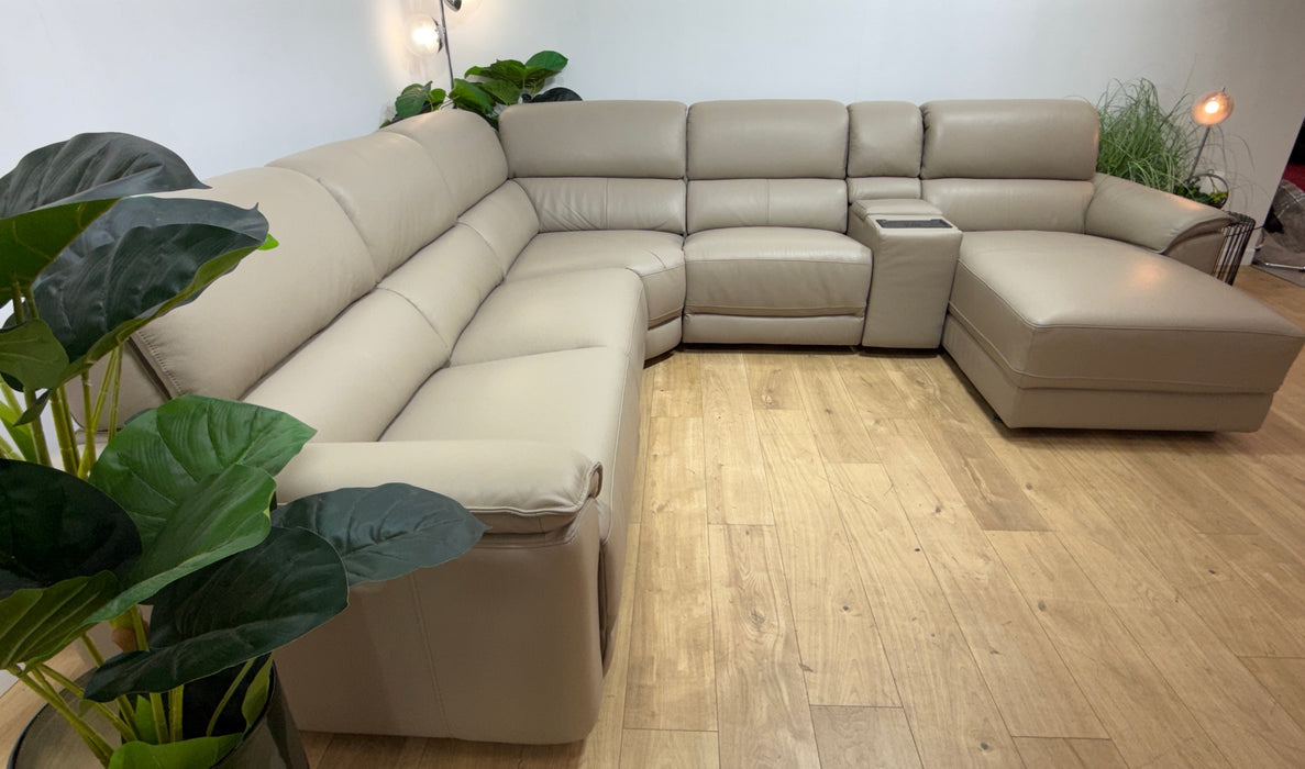 Sofology Hugo Leather 3 Corner Console 3 Power Chaise Power Recliner/Headrest in Trusty Embossed  Stone