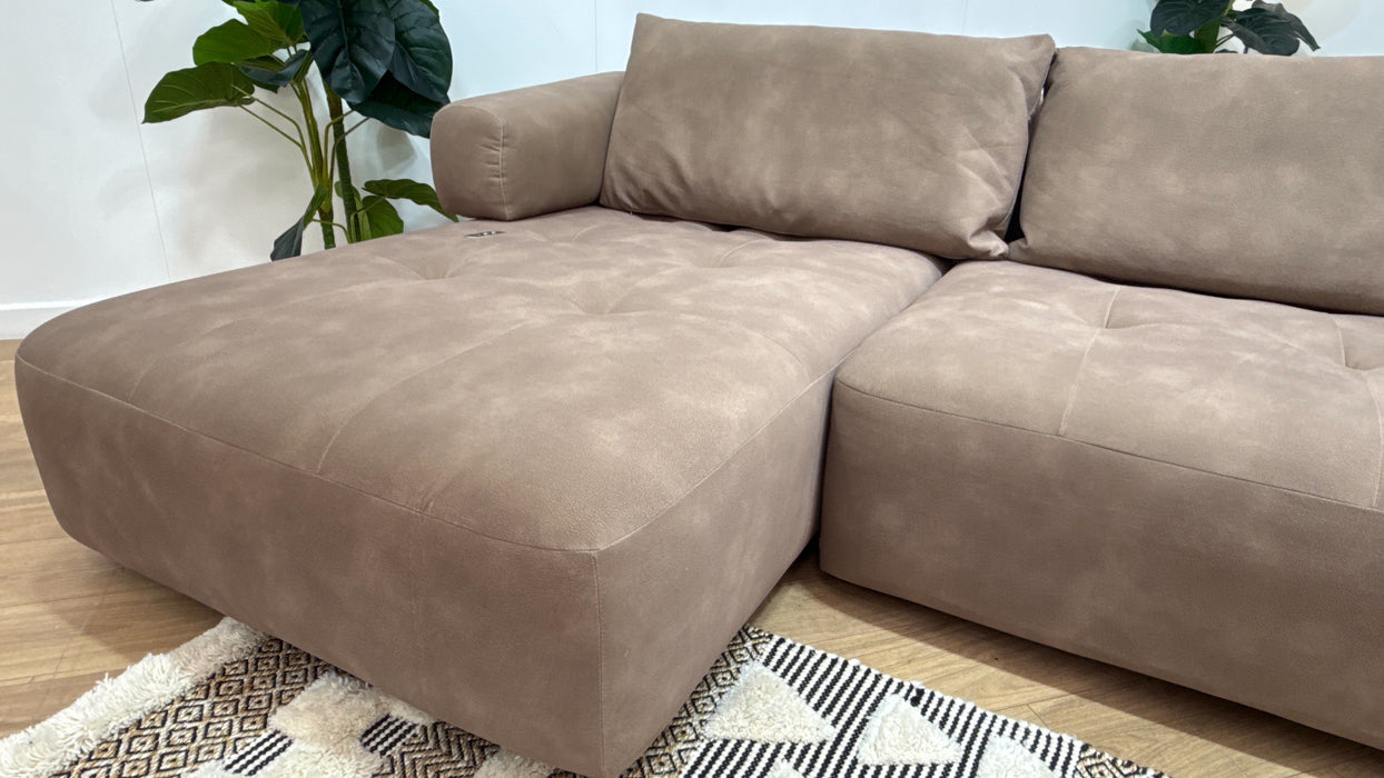 Sofology Flex Fabric Chaise 3 Seater Power Motion Backs Standard Full Back in Lifestyle Mottled Latte