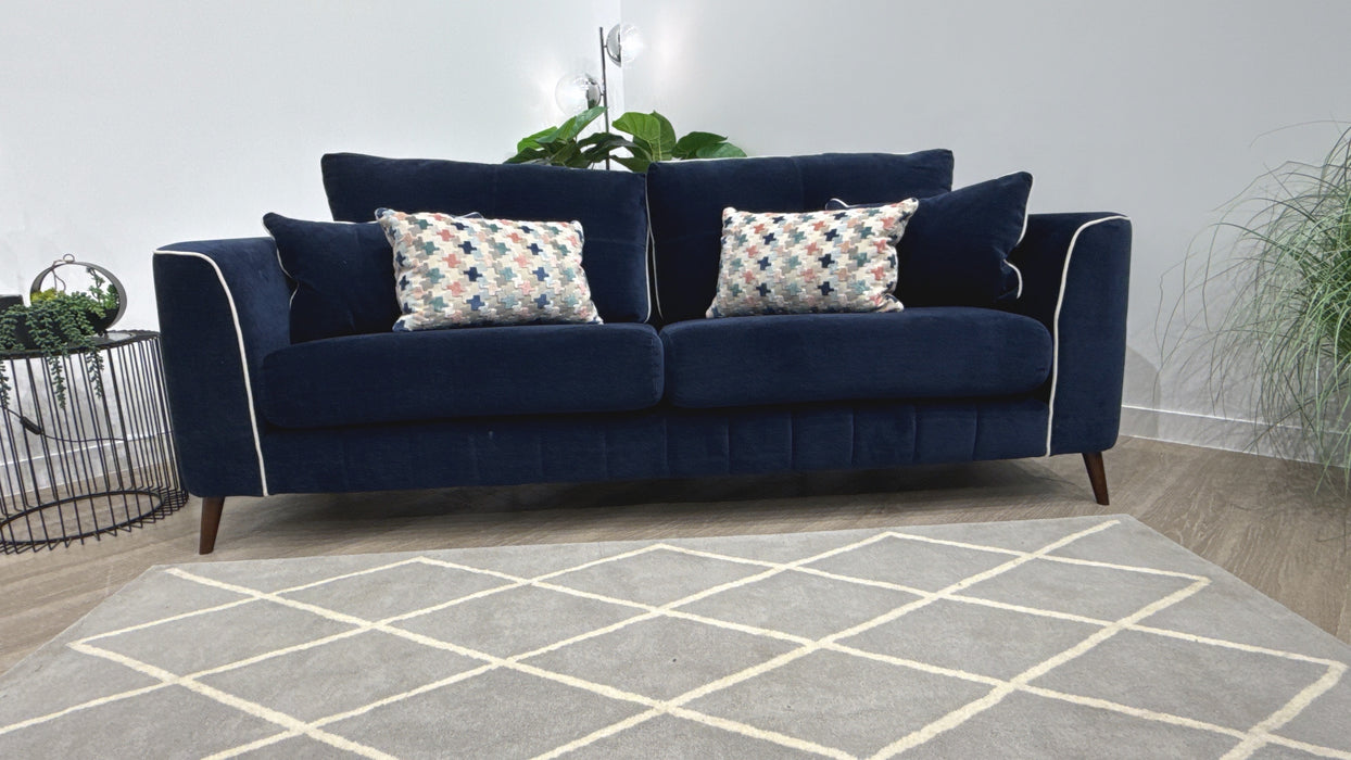 Sofology Remy Fabric 4 Seater in Soft Chenille Navy Mix With Natural Contrast Piping