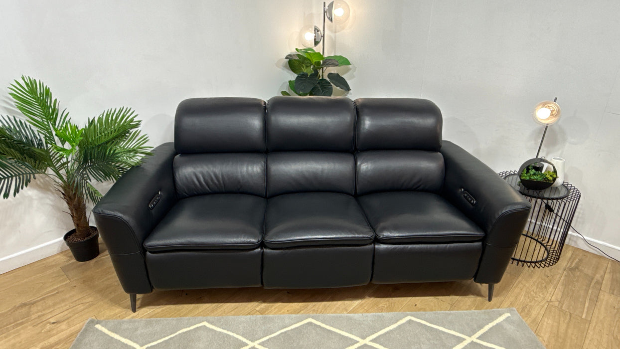 Sofology Viento Leather 3 Seater Power Recliner/Headrest Heated Seats Lumbar Support in Trusty Embossed Jet Black