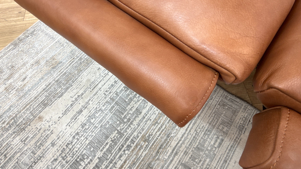 Sofology Larsen Fabric 3 Seater Asymmetrical Power Recliner/Headrest in Relaxed Soft Leather Tan