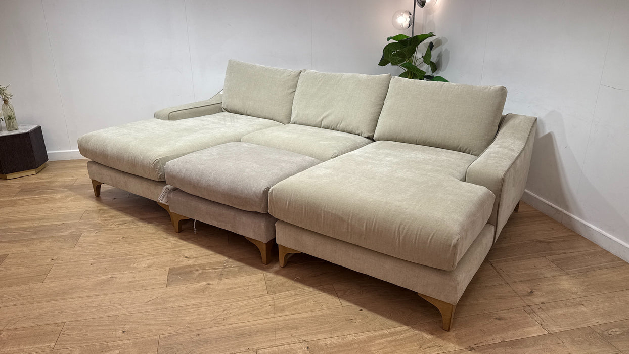 Sofology Wildwood Fabric 4 Seater Double Chaise with Footstool in Vintage Chenille Natural Contrast Piping Mix