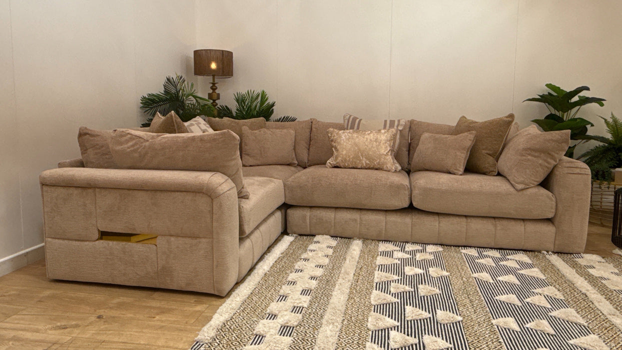 Sofology Westwood Fabric 1 Corner 3 Gold Trim in Teddy Chenille Natural Mix