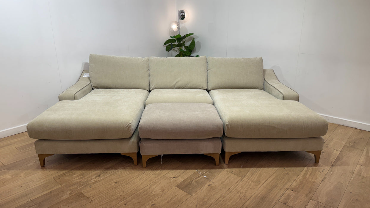 Sofology Wildwood Fabric 4 Seater Double Chaise with Footstool in Vintage Chenille Natural Contrast Piping Mix