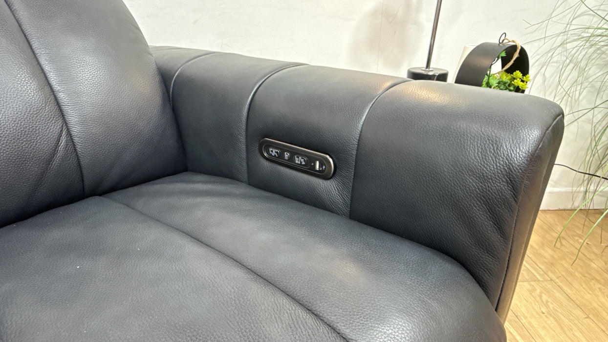 Sofology Paramount Leather 2.5 Seater Console Power Recliner/Headrest Speakers in Trusty Embossed Navy