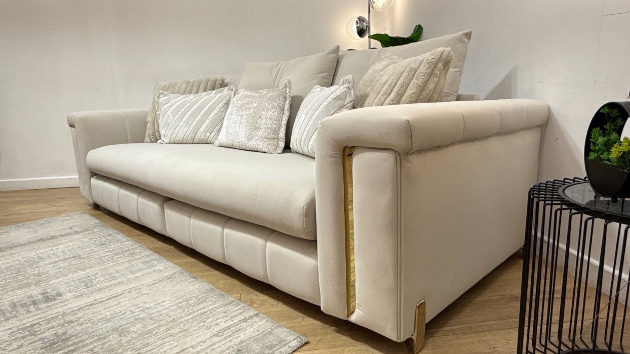 Sofology Oscar Fabric 4 Seater Split Gold Trim in Super Matt Velvet Ecru Mix