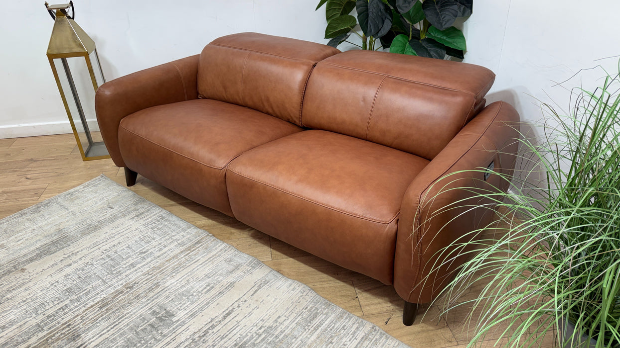 Sofology Larsen Fabric 3 Seater Asymmetrical Power Recliner/Headrest in Relaxed Soft Leather Tan