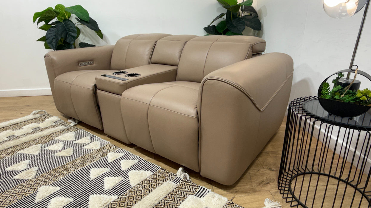 Sofology Riviera Leather 2 Seater Console Power Recliner/Headrest in Trusty Embossed Mushroom