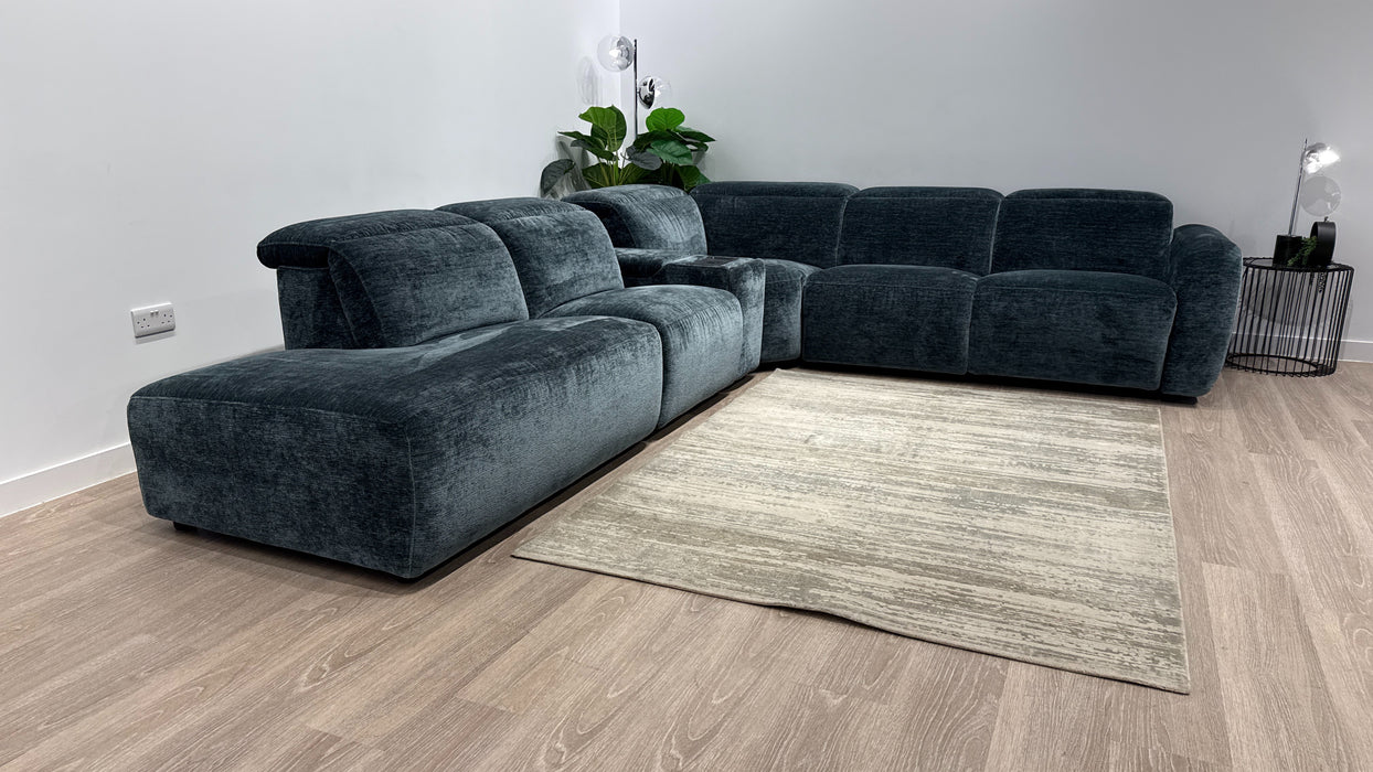 Sofology Drift Fabric Chaise 3 Console Corner 3 Power Recliner/Headrest in Luxury Textured Chenille Lagoon