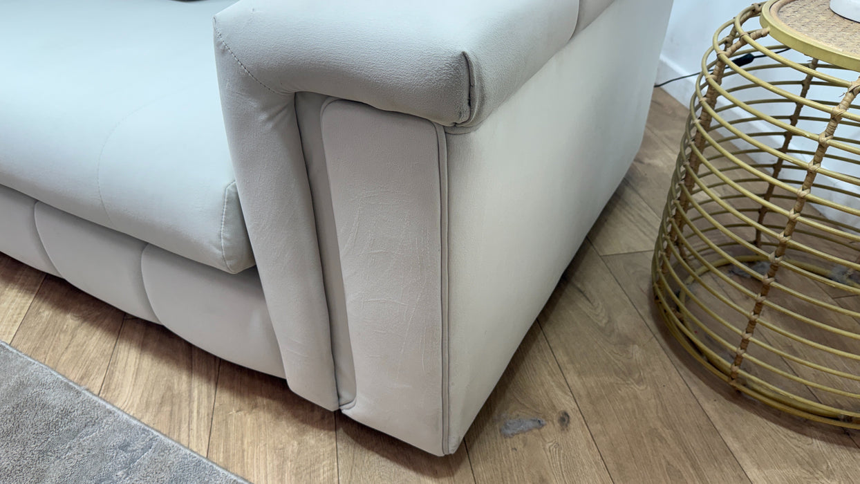 Sofology Oscar Fabric 4 Seater Distressed Walnut Trim in Super Matt Velvet Ecru Mix