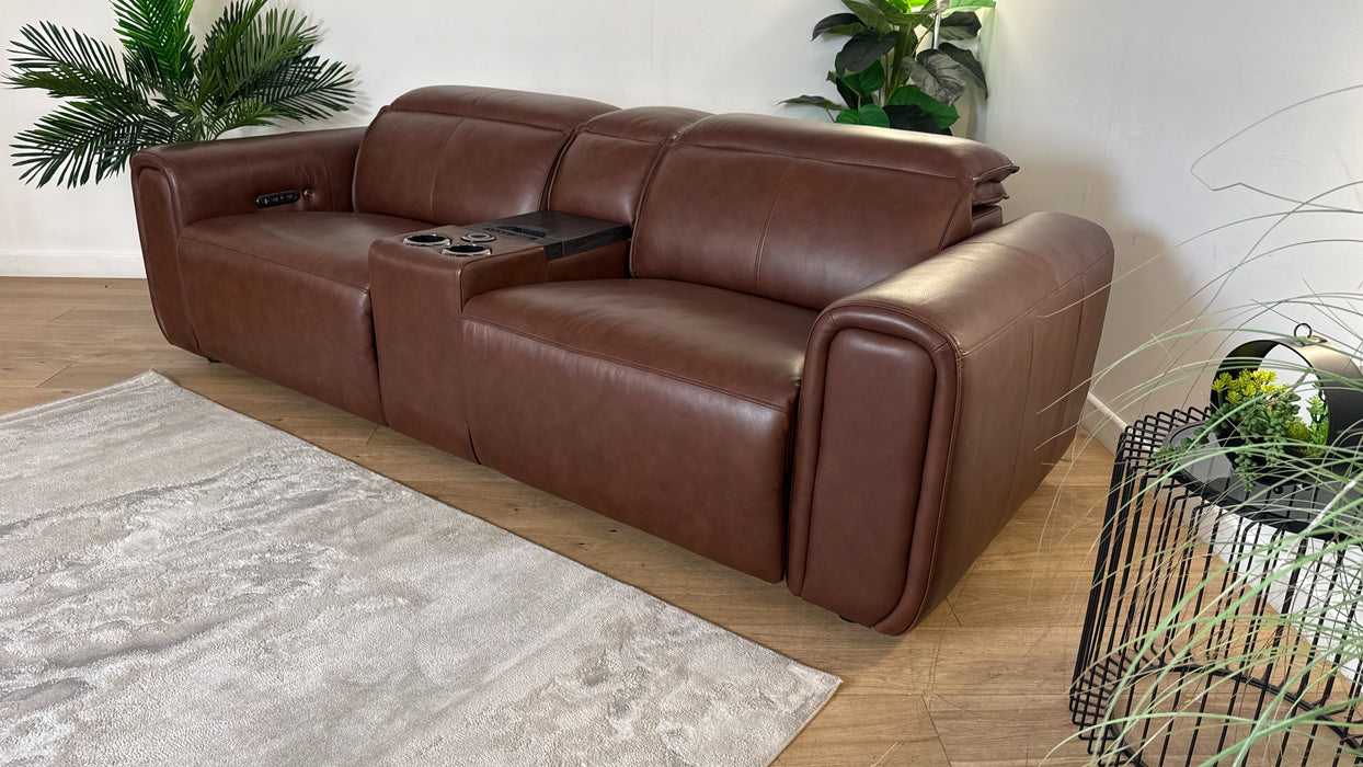 Sofology The Premiere 2.5 Seater Recliner Sofa Console in Trusty Embossed Leather Chestnut
