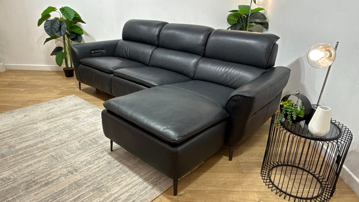 Sofology Viento Leather 3 Seater Chaise Power Recliner/Headrest Lumbar Heated Seat in Trusty Embossed Navy