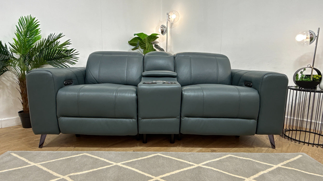 Sofology Allure Leather 2 Seater Smart Console Power Recliner/Headrest in Trusty Embossed Peacock