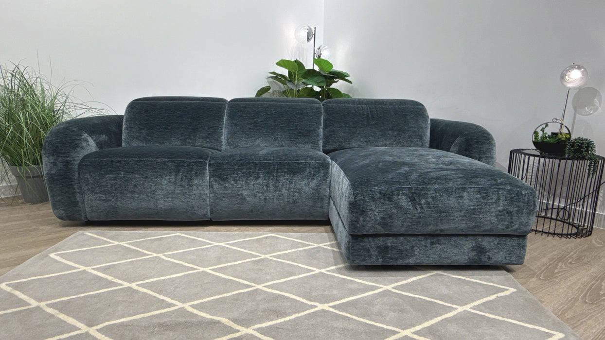 Sofology Drift Fabric 4 Seater Chaise Power Recliner/Headrest in Luxury Textured Chenille Lagoon