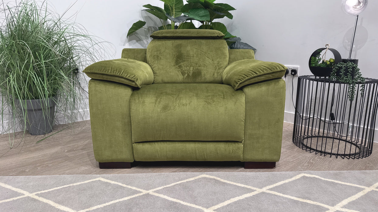 Sofology Benz Fabric Chair Power Recliner/Headrest in Heritage Velvet Olive