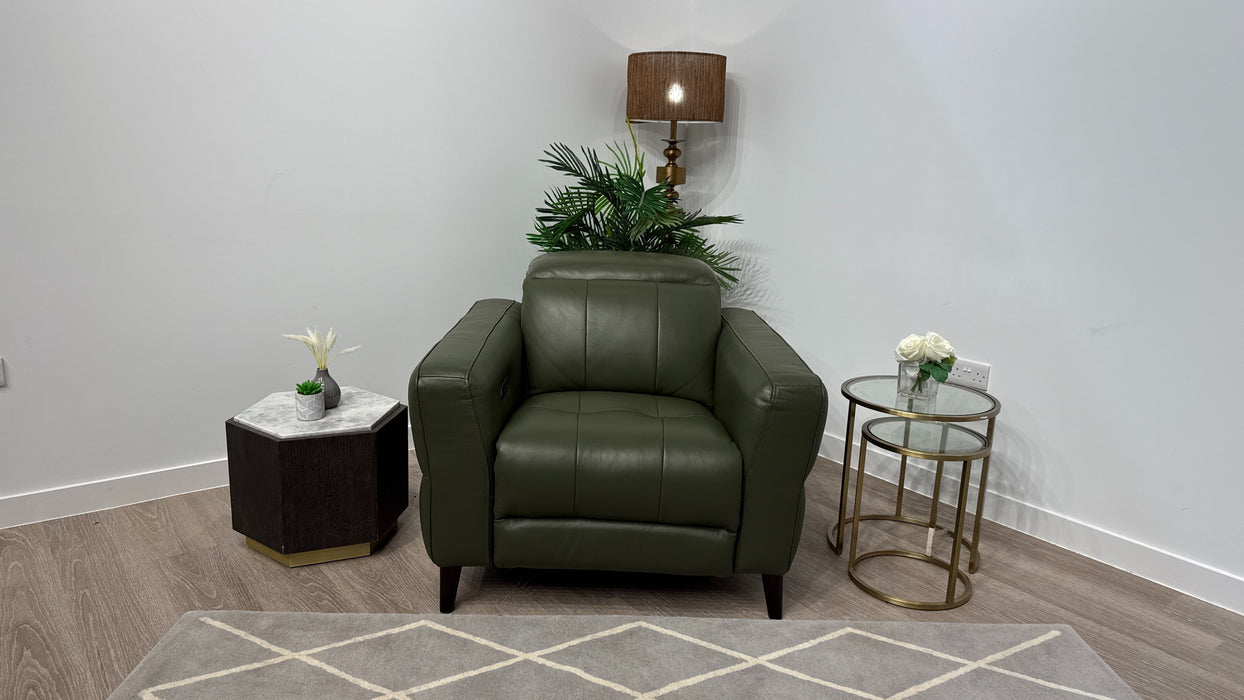 Sofology Jax Leather Chair Power Recliner/Headrest in Trusty Embossed Dark Olive
