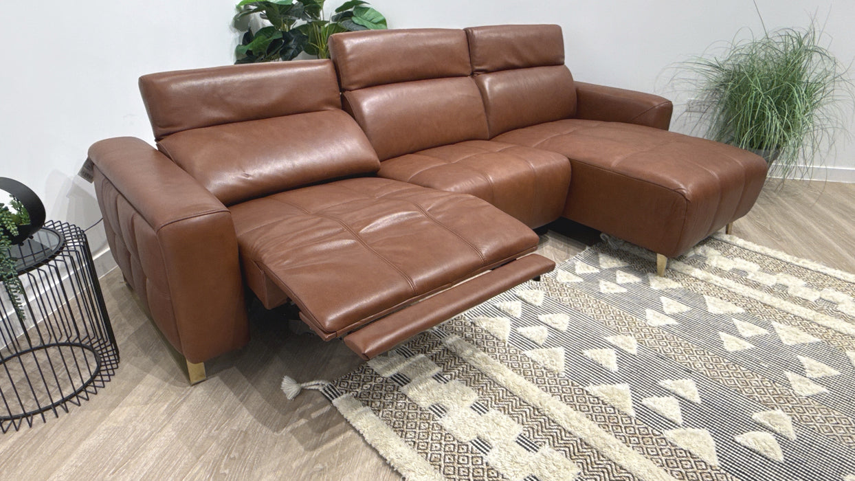 Sofology Marvella Leather 4 Seater Chaise Power Recliner/Headrest in Trusty Sheen Butterscotch