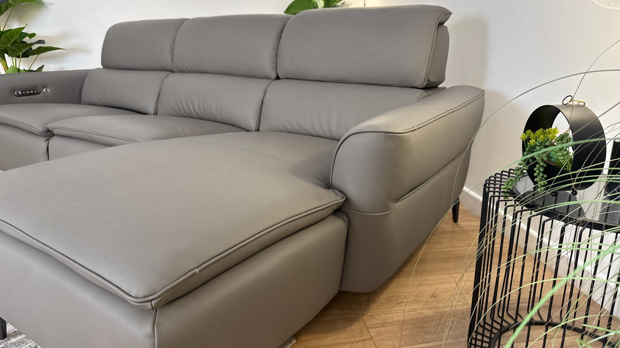 Sofology The Viento Leather 3 Seater Chaise Power Recliner/Headrest Lumbar Support Heated Seats in Trusty Super Matt Storm Grey