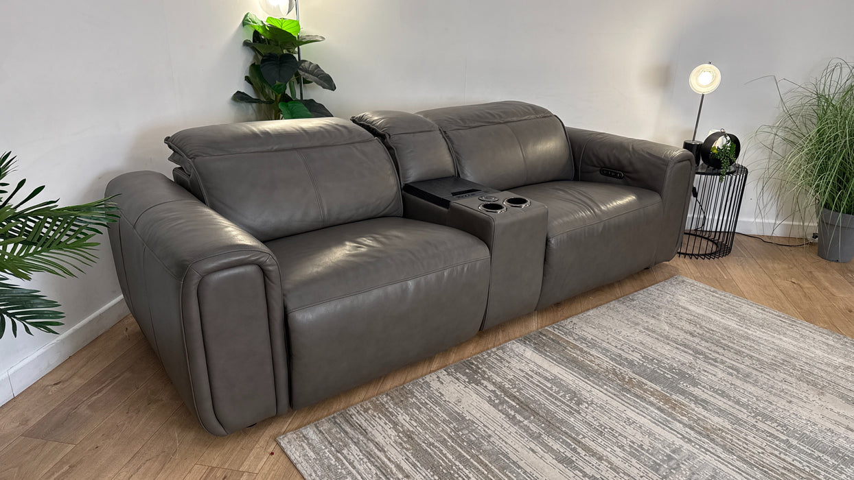 Sofology Premiere Leather 2.5 Seater Smart Console Power Recliner/Headrest in Trusty Embossed Grey