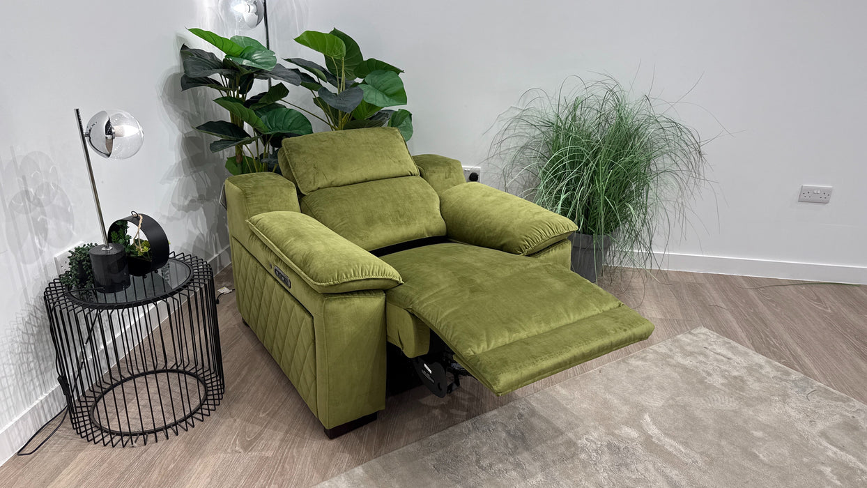 Sofology Benz Fabric Chair Power Recliner/Headrest Heated Seat in Heritage Velvet Olive