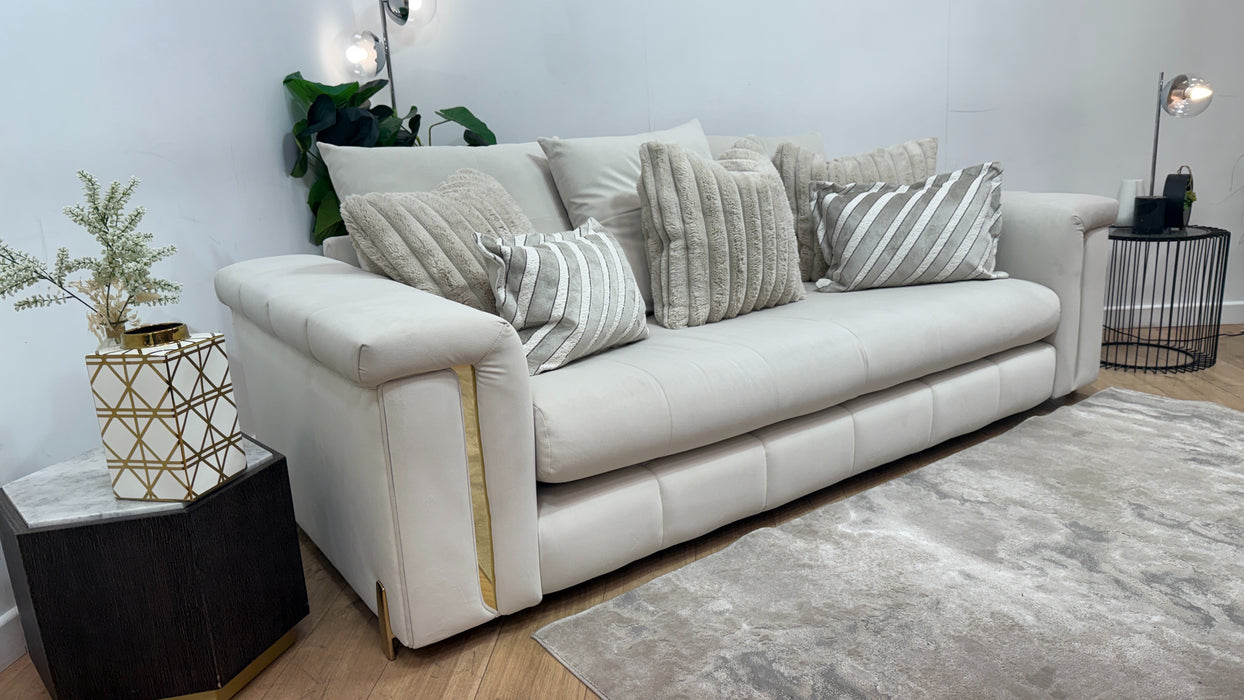 Sofology Oscar Fabric 3 Seater Gold Trim in Super Matt Velvet Ecru Mix