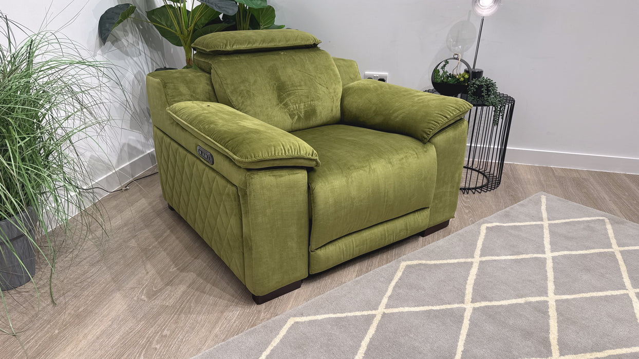 Sofology Benz Fabric Chair Power Recliner/Headrest in Heritage Velvet Olive