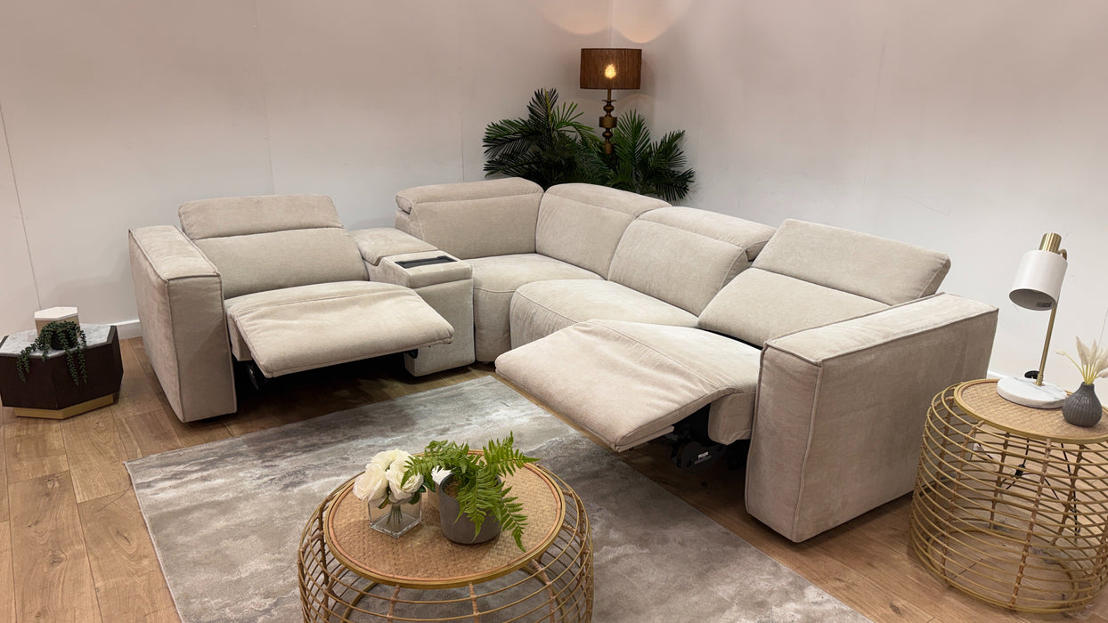 Sofology Horizon Fabric 1.5 Smart Console Corner 3 Power Recliner/Headrest Heated Seats in Textured Chenille Stone