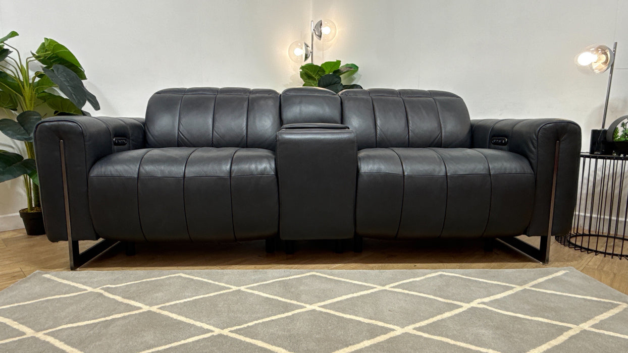 Sofology Paramount Leather 2.5 Seater Console Power Recliner/Headrest Speakers in Trusty Embossed Navy