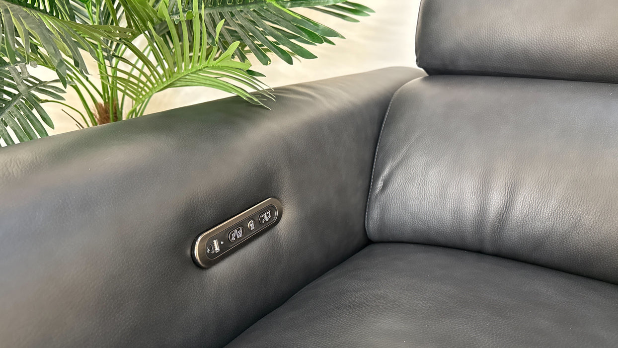 Sofology The Viento Leather 3 Seater Chaise Power Recliner/Headrest Lumbar in Trusty Embossed Leather Navy