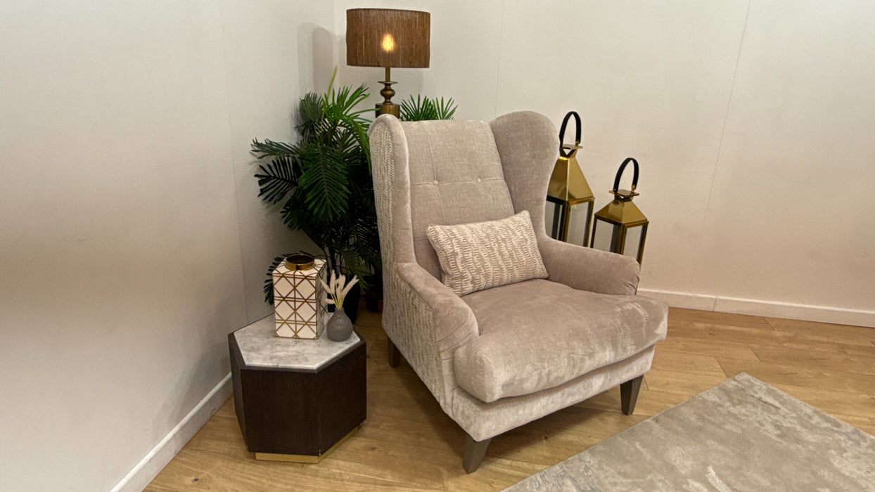 Sofology Highgrove Fabric Accent Chair Feather Flex Seats in Luxe Chenille Oyster/Textured Pebble Mix