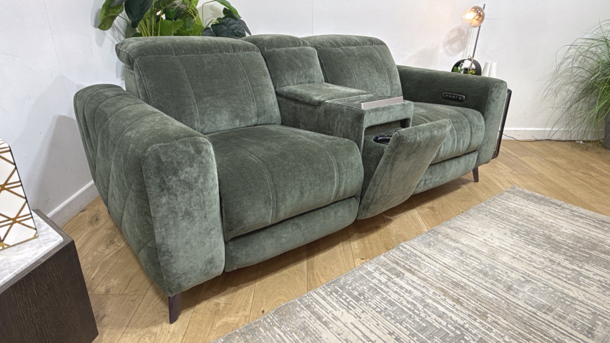 Sofology Alllure Fabric 2 Seater Screen Console Power Recliner/Headrest Heated Seats Lumbar Support Speakers in Relaxed Chenille Pine