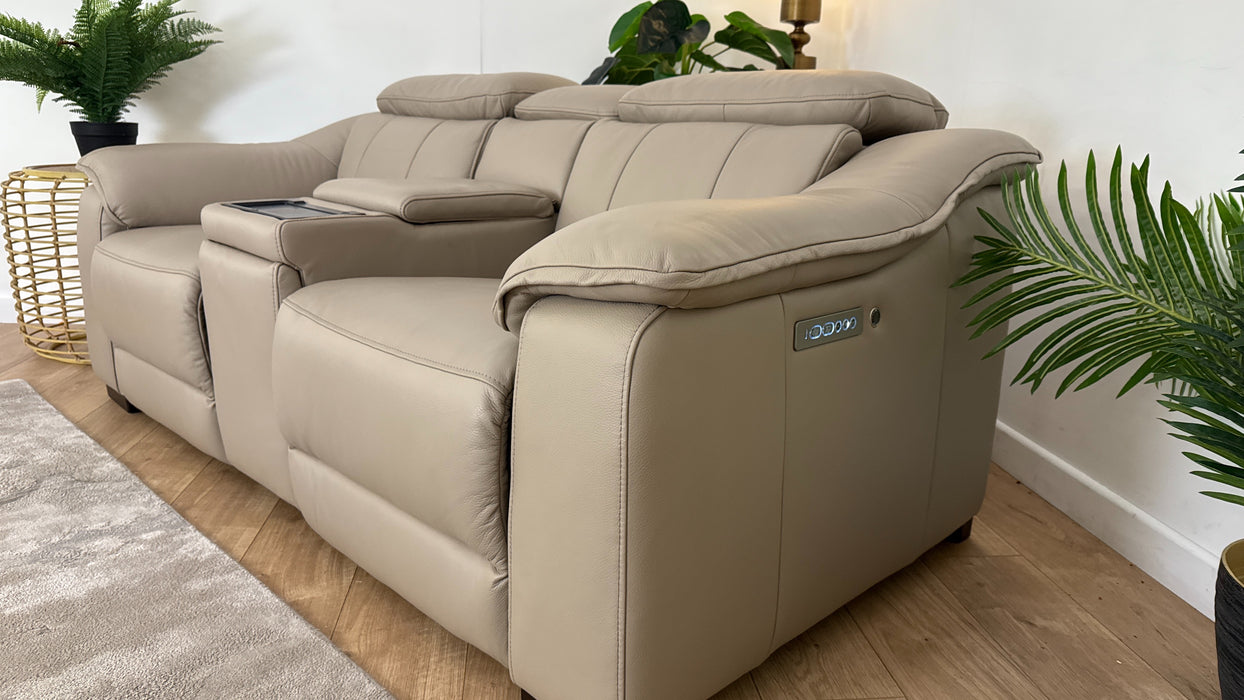 Sofology Leather Carrera 2 Seater Smart Console Power Recliner/Headrest Heated Seat in Trusty Embossed Stone