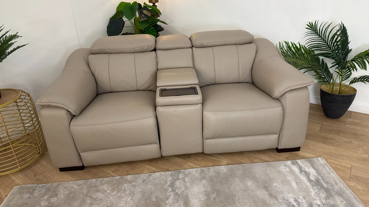 Sofology Leather Carrera 2 Seater Smart Console Power Recliner/Headrest Heated Seat in Trusty Embossed Stone