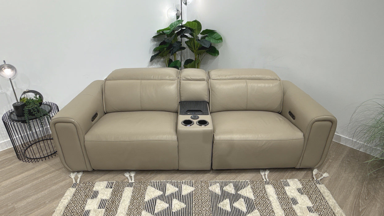 Sofology Premiere Leather 2.5 Seater Smart Console Power Recliner/Headrest in Trusty Embossed Stone