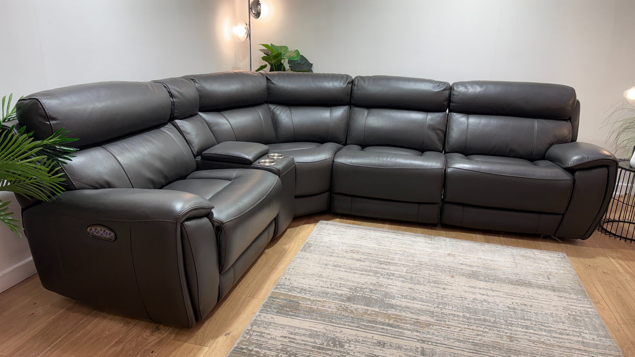 Sofology Radleigh Leather 1.5 Corner 2.5 Console Triple Power Recliner/Headrest in Trusty Soft Sheen Charcoal